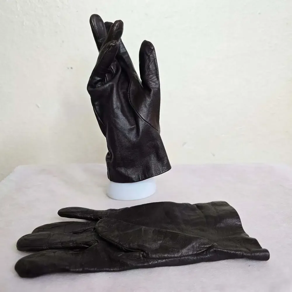 Vintage Women's Brown Leather Gloves 100% Pure Silk Lining Made in England